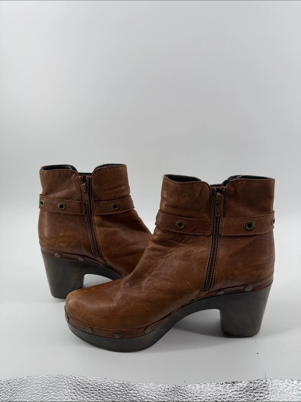 Stuart Weitzman Brown Leather Belted Clog Platform Moto Booties 10